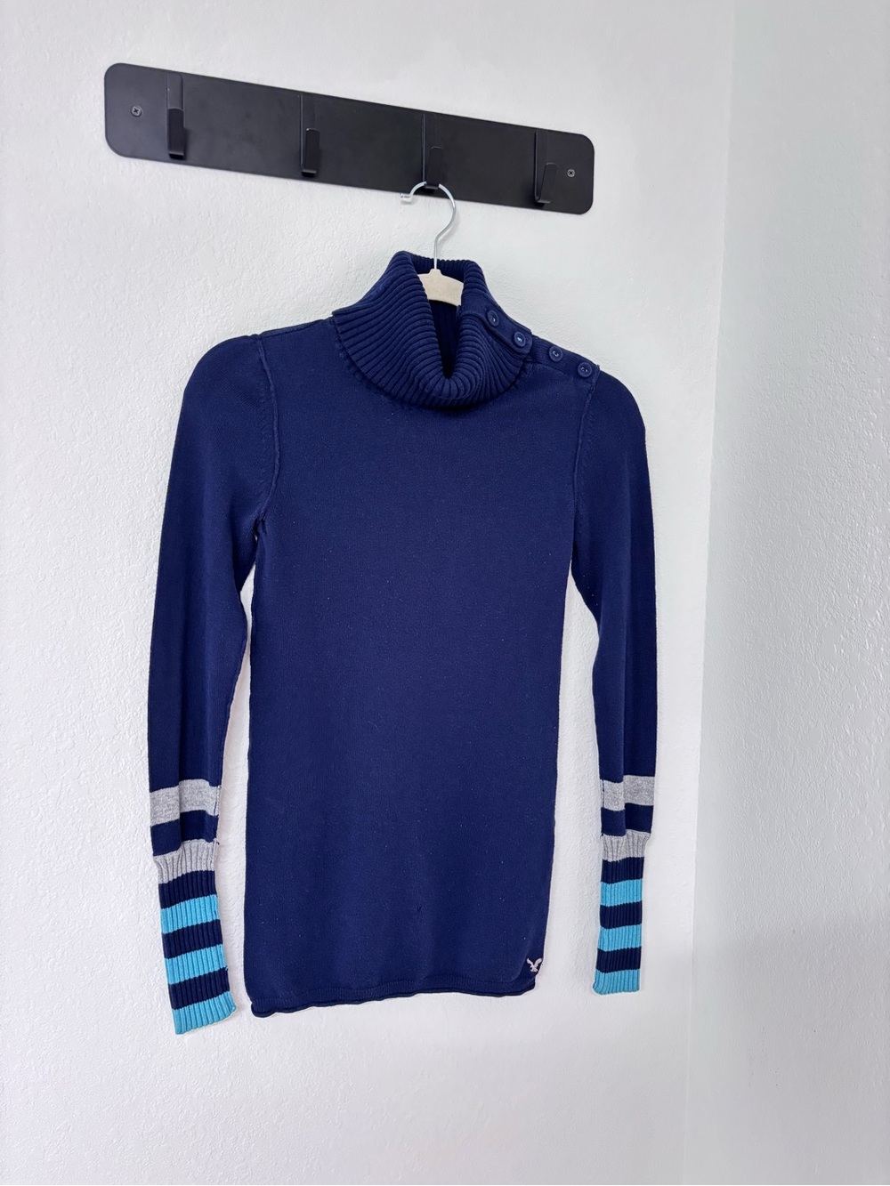American Eagle Outfitters Navy Turtleneck Sweater with Striped Cuffs